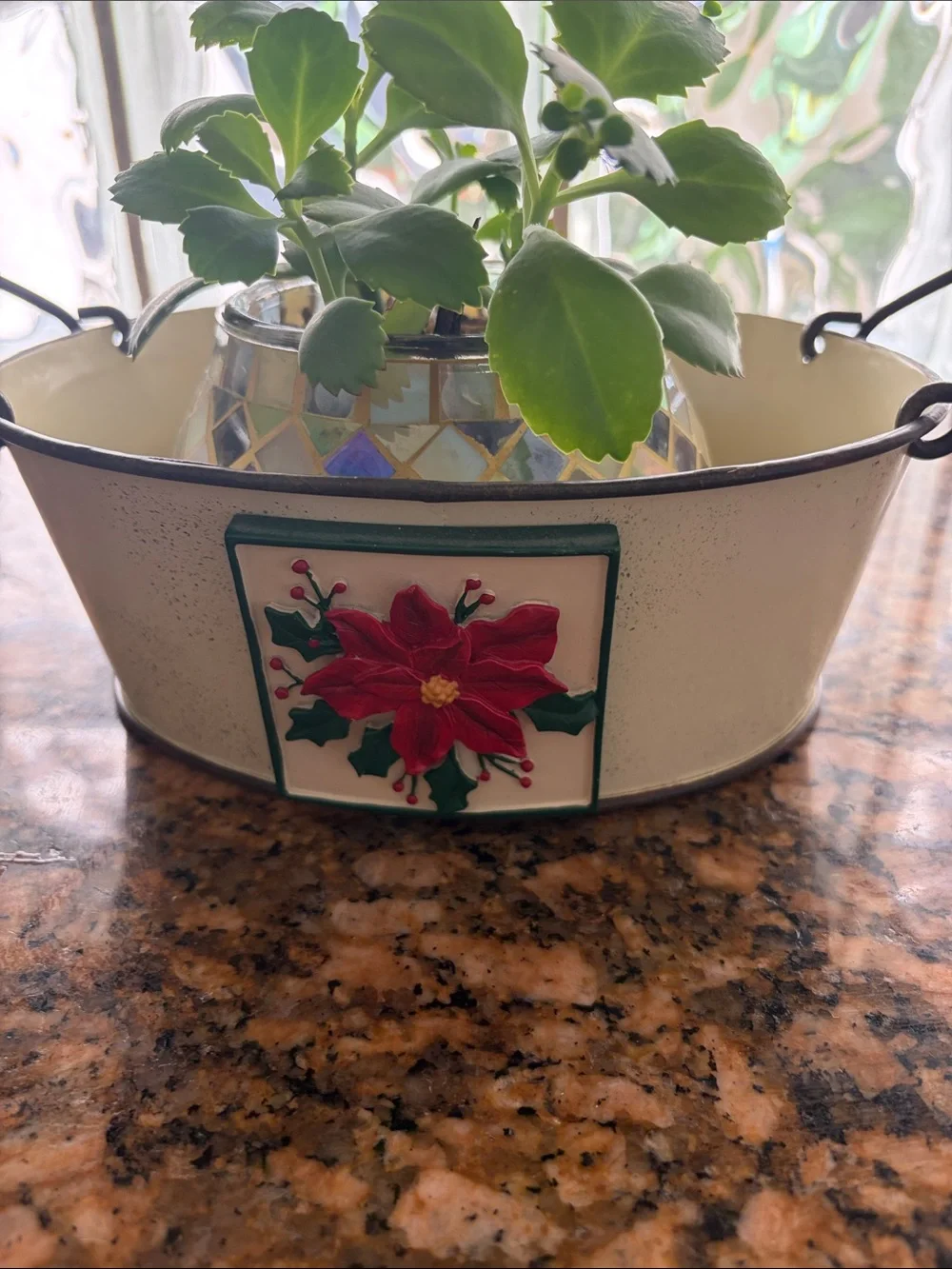 Vintage Cream Poinsettia Decorative Metal Bowl with Handles
